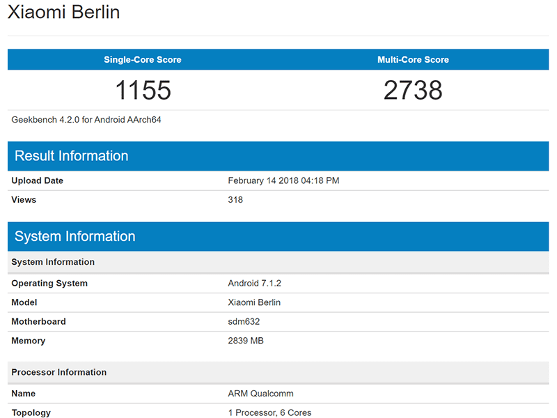Xiaomi "Berlin" with Snapdragon 632 appeared on Geekbench