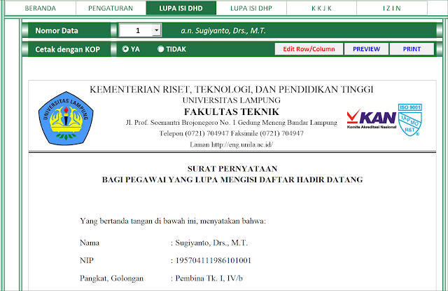 Halaman Cetak Surat Pernyataan Lupa Mengisi Daftar Hadir Datang Aplikasi Excel Surat Keterangan Lupa Absen