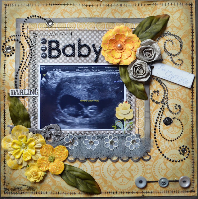 This Little Shy Baby: Ultrasound Layout in Gray and Yellow by Carrie Williams - Dearzae.com Gray and Yellow scrapbooking layout with stitching, bling, flowers, and button string