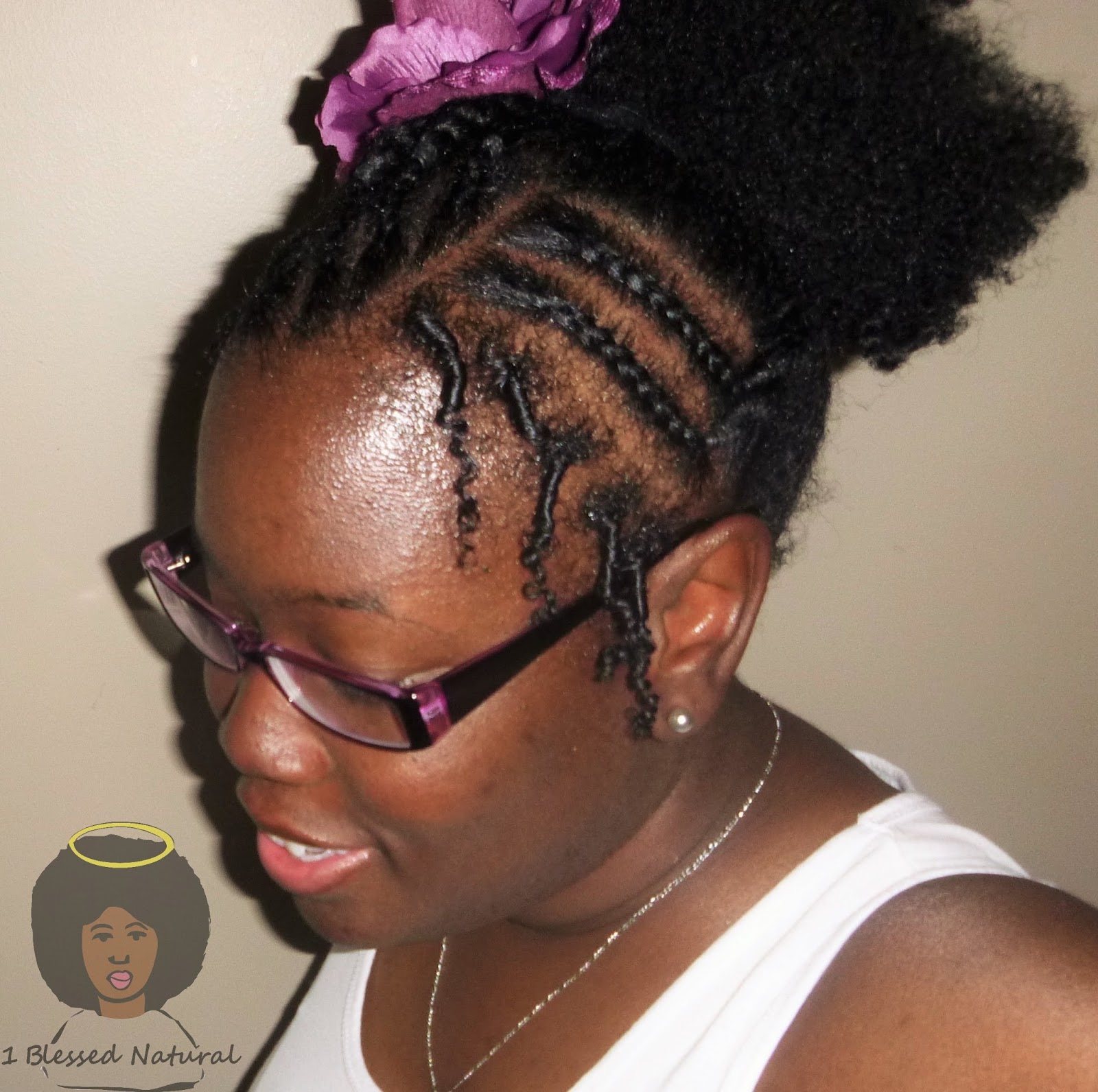 Coiled Edges Rubber Band Cornrow Twist and Puff Style with Flower Clip