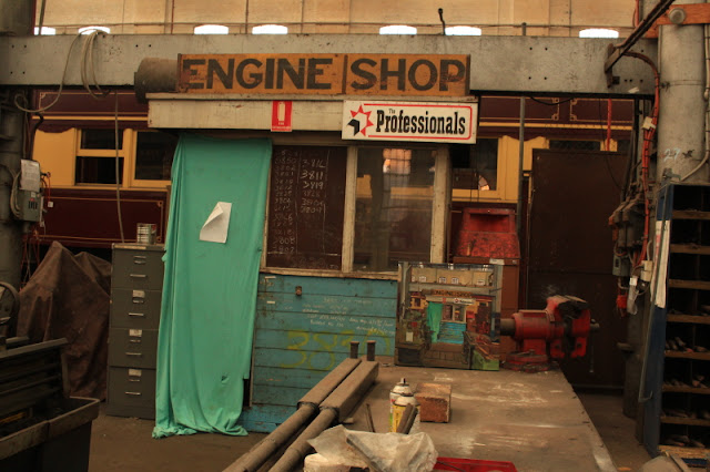 plein air oil painting on canvas of 'Engine shop, Large Erecting Shop, Eveleigh Railway Workshops' by industrial heritage artist Jane Bennett plein air oil painting on canvas of 'Engine shop, Large Erecting Shop, Eveleigh Railway Workshops' by industrial heritage artist Jane Bennett