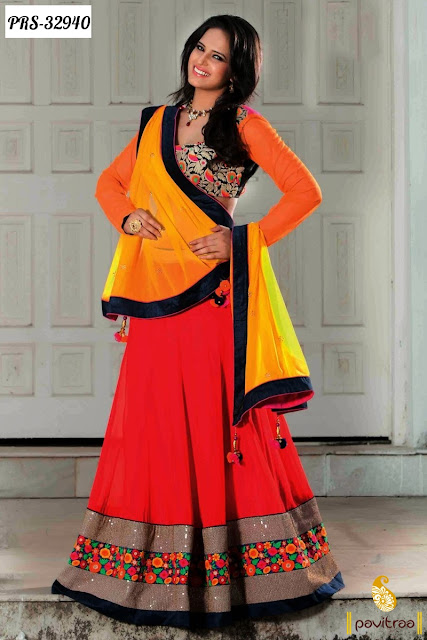 Valentine day's gift orange color georgette designer lehenga style sarees online shopping with discount offer sale