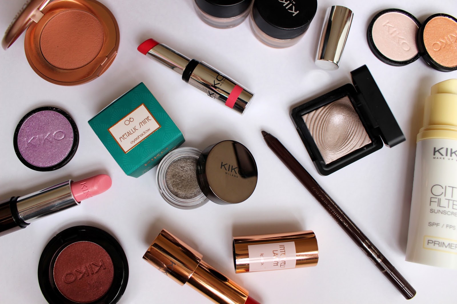 kiko makeup haul, brand overview of kiko cosmetics, makeup, flatlay photo