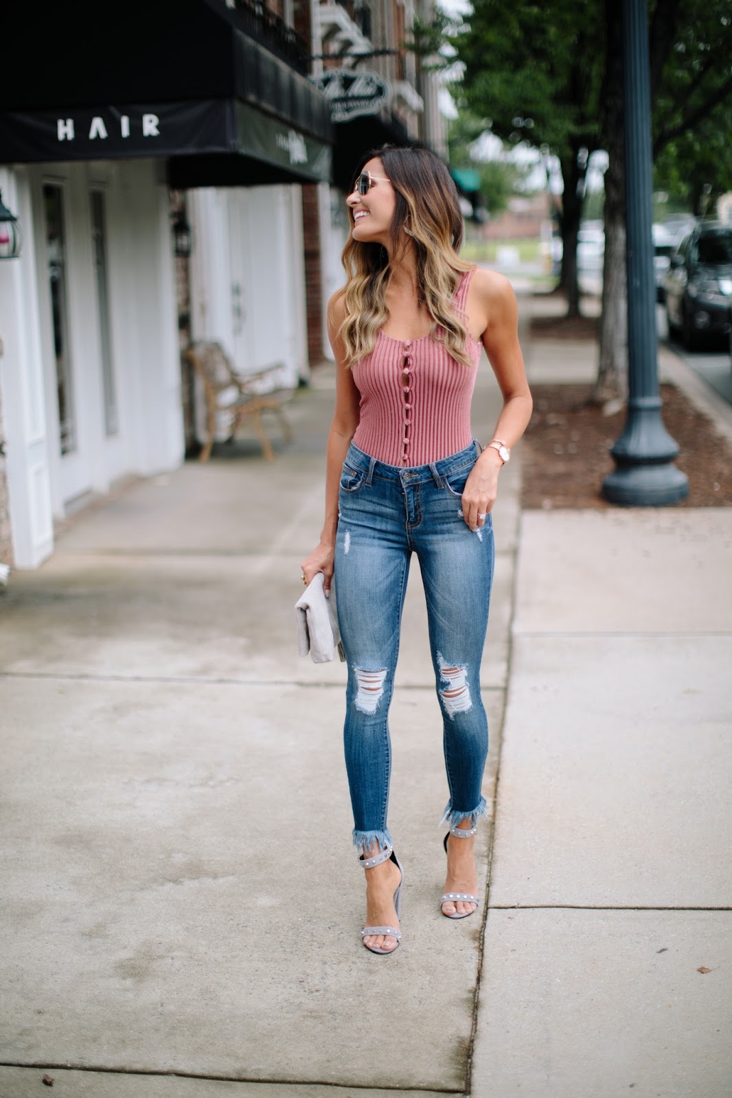Fringe Hem Jeans + Velvet Bodysuit Mumu and Macaroons