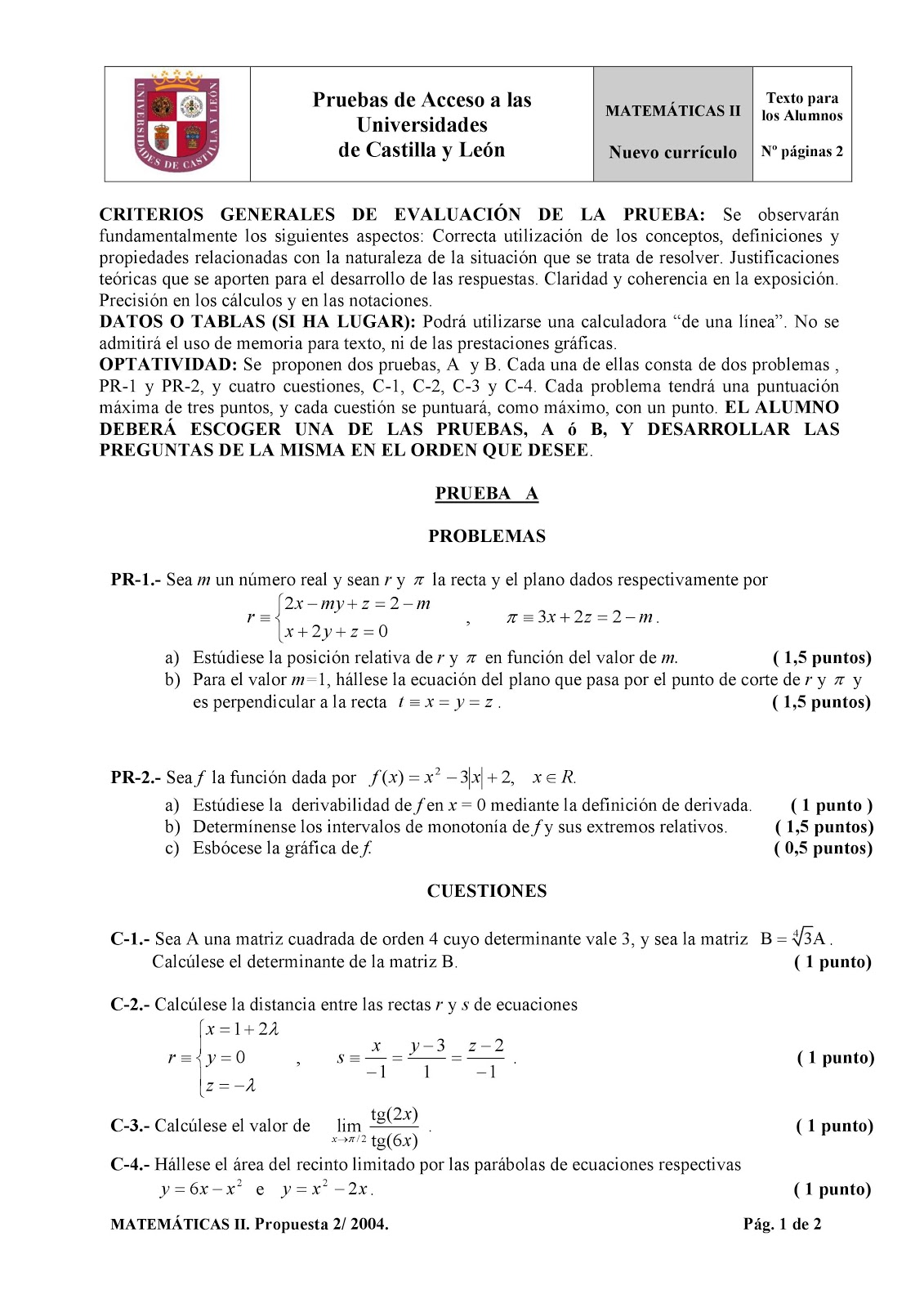 Exámenes de Evaluación Bachillerato Matemáticas para el acceso a la