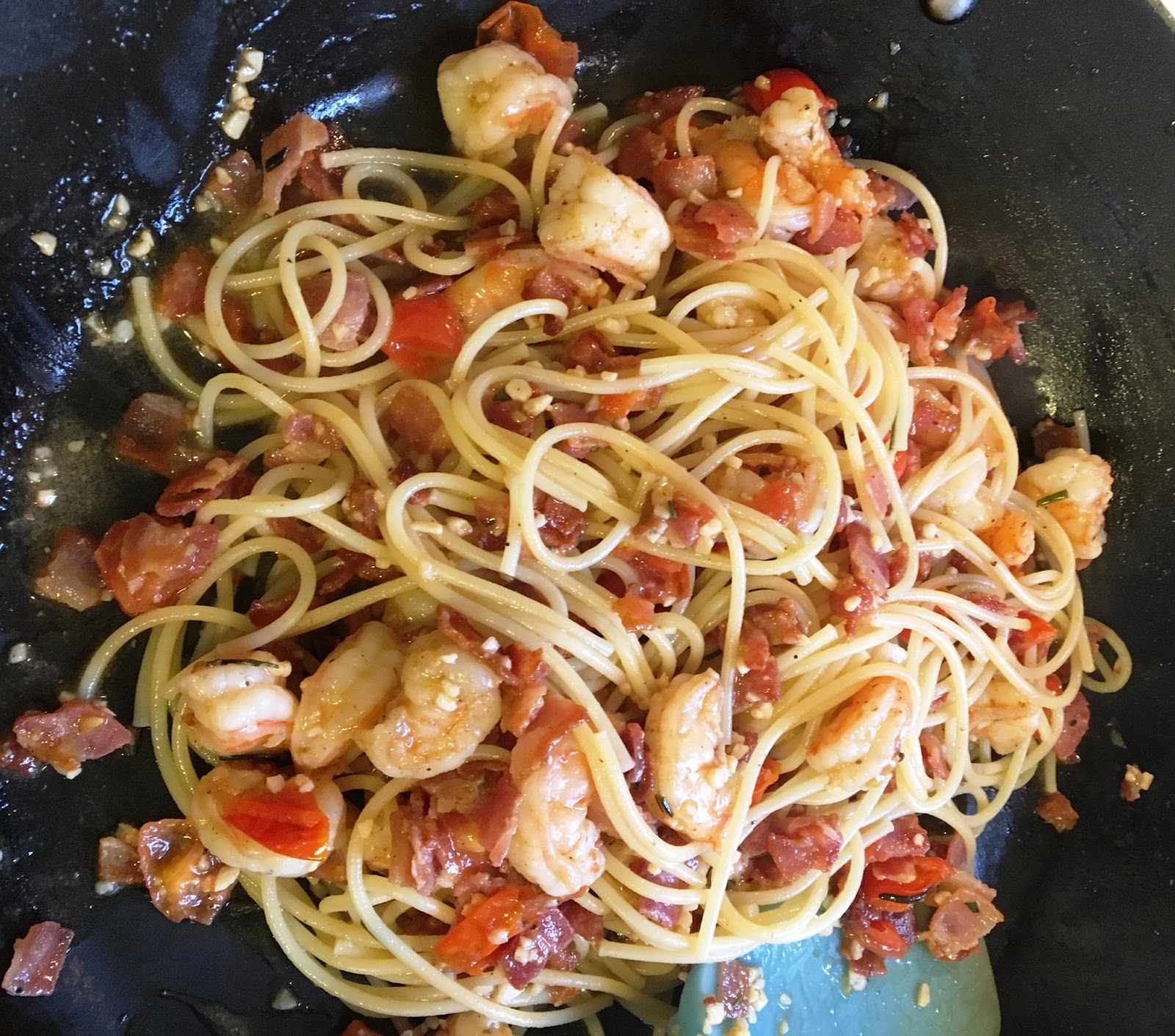 Purple Peppers Shrimp Pasta with Bacon, Rosemary, & Tomatoes