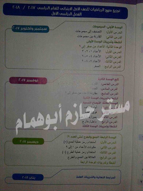 توزيع منهج الحساب اولي ابتدائي 2017/2018 ترم أول توزيع منهج الحساب اولي ابتدائي 2017/2018 ترم أول
