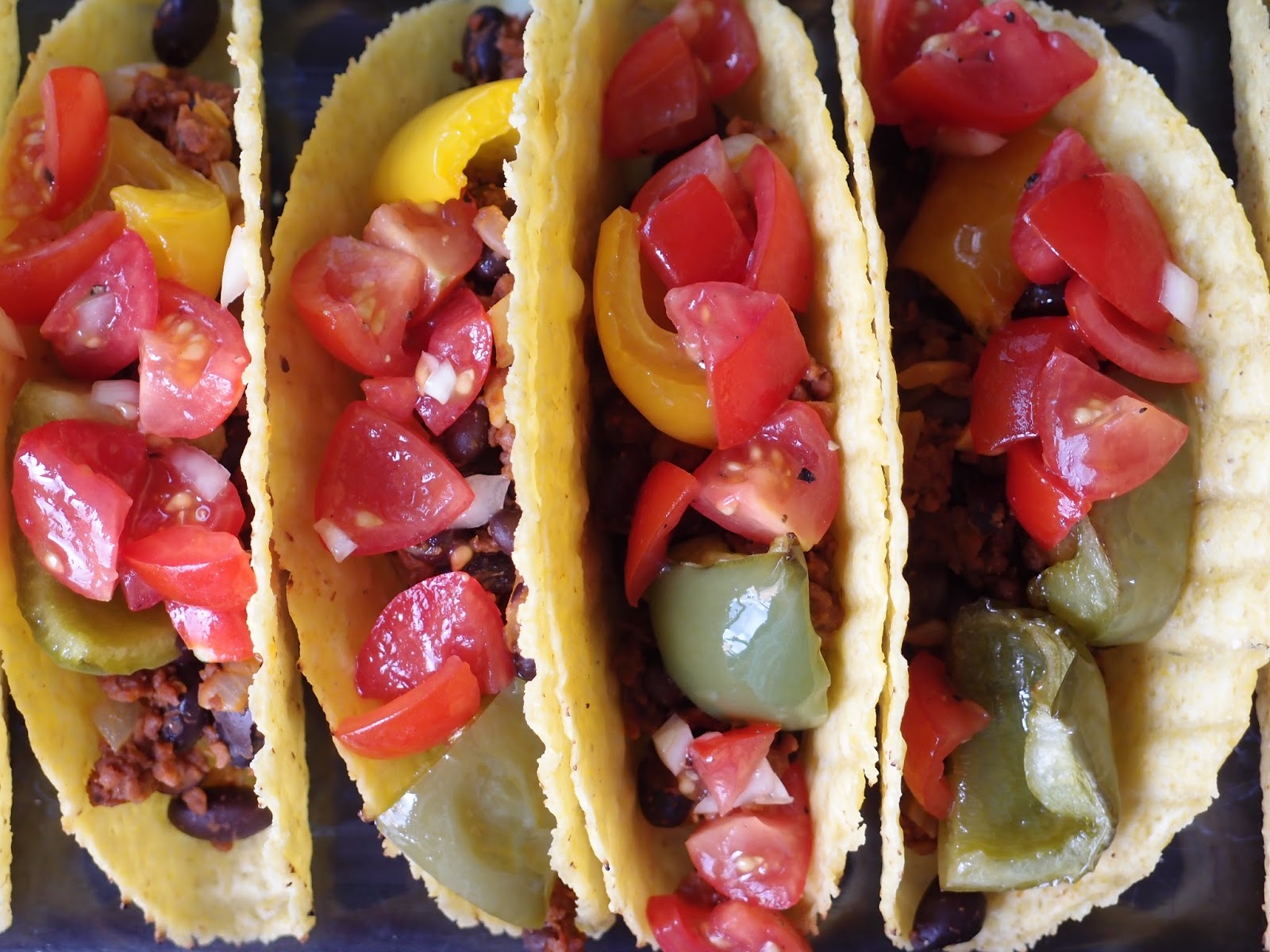 The VegHog Black bean and soya mince tacos with roasted peppers
