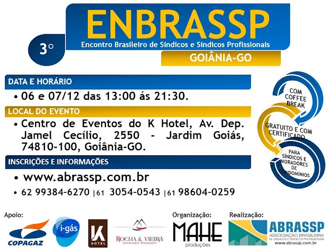 Goiânia receberá Encontro Brasileiro de Síndicos e Síndicos e Síndicos Profissionais - ENBRASSP