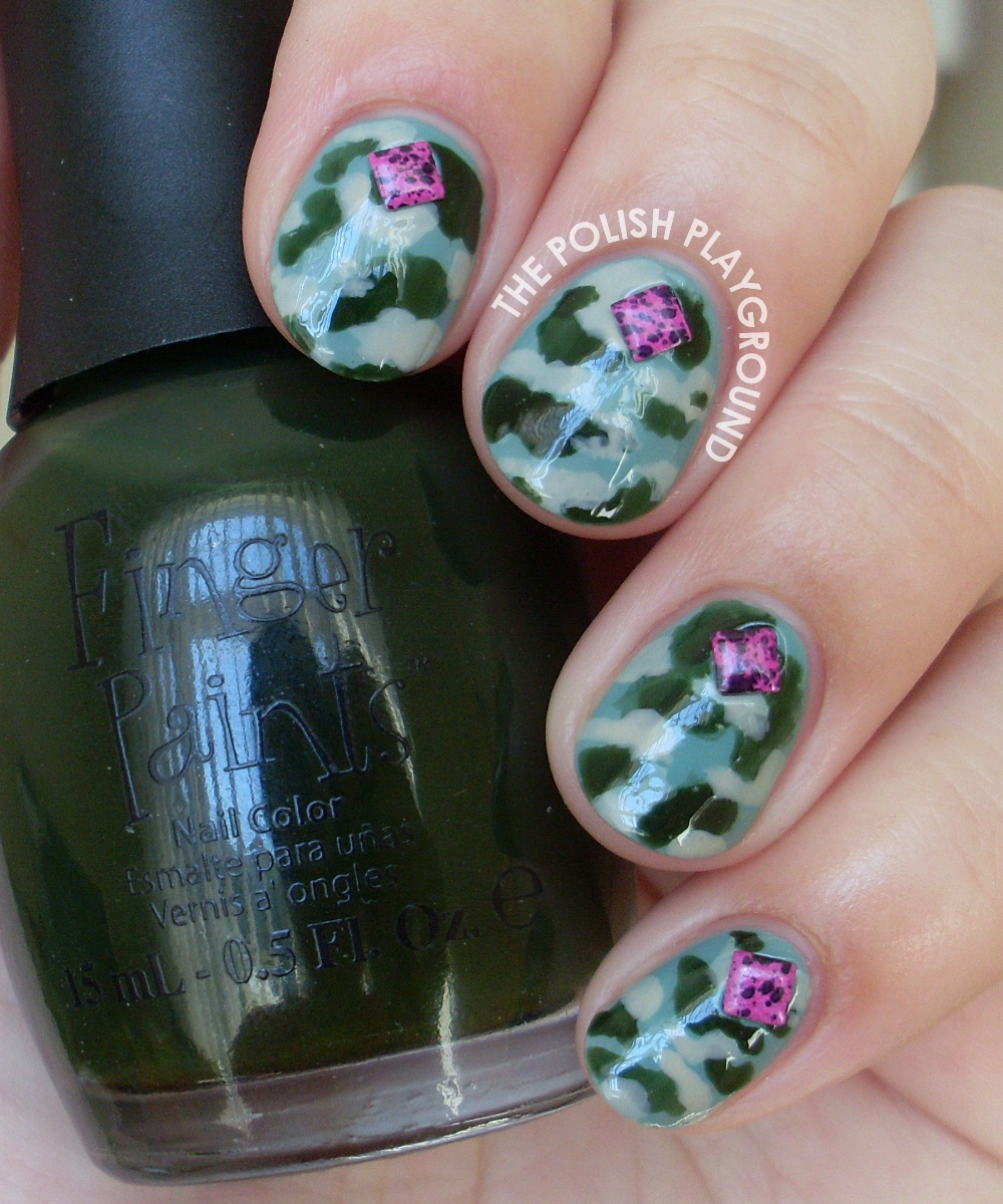 Army Camouflage with Square Splatter Studs Nail Art