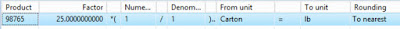 Screenshot closeup of unit conversion formula 25.000*(1/1) from unit Carton = to unit lb