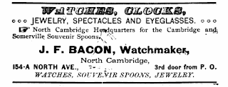 Advertisement for John Franklin Bacon's watchmaking shop in Cambridge, Massachusetts