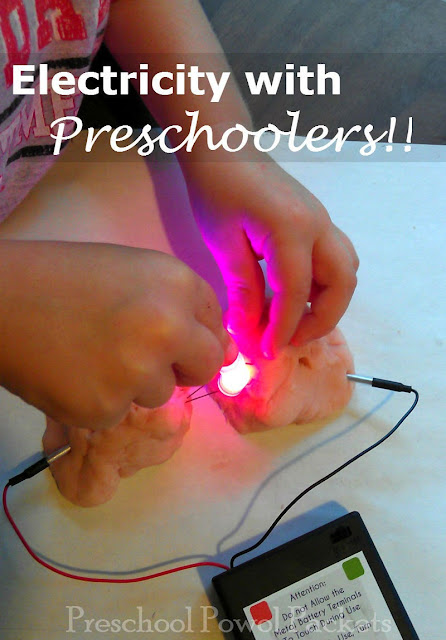 Electricity with Preschoolers text and image of two kids connecting wires to a brain 