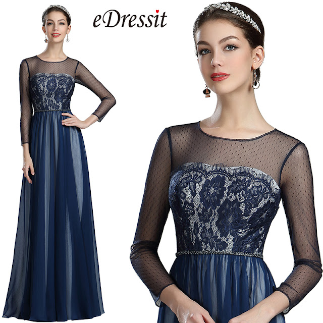  Navy Blue Lace Evening Dress with Sleeves