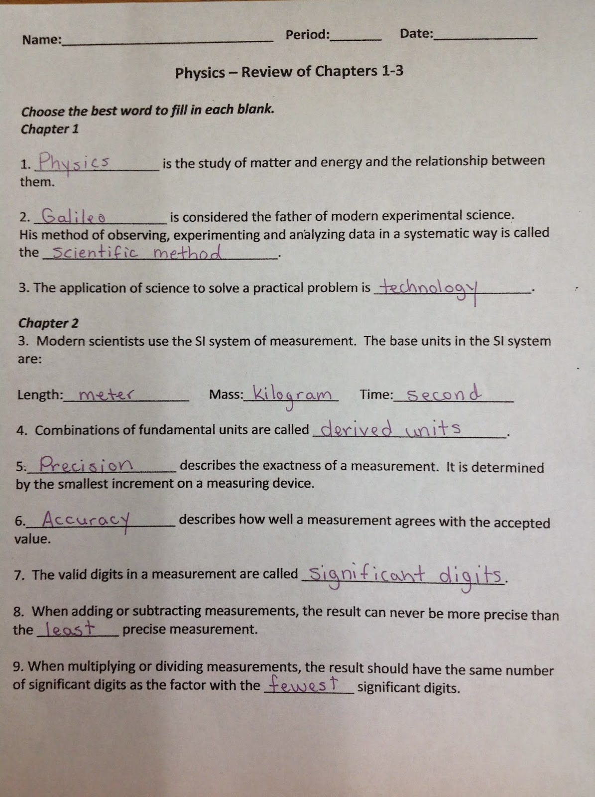 Physics With Coach T Physics Unit 1 Test Review Answers