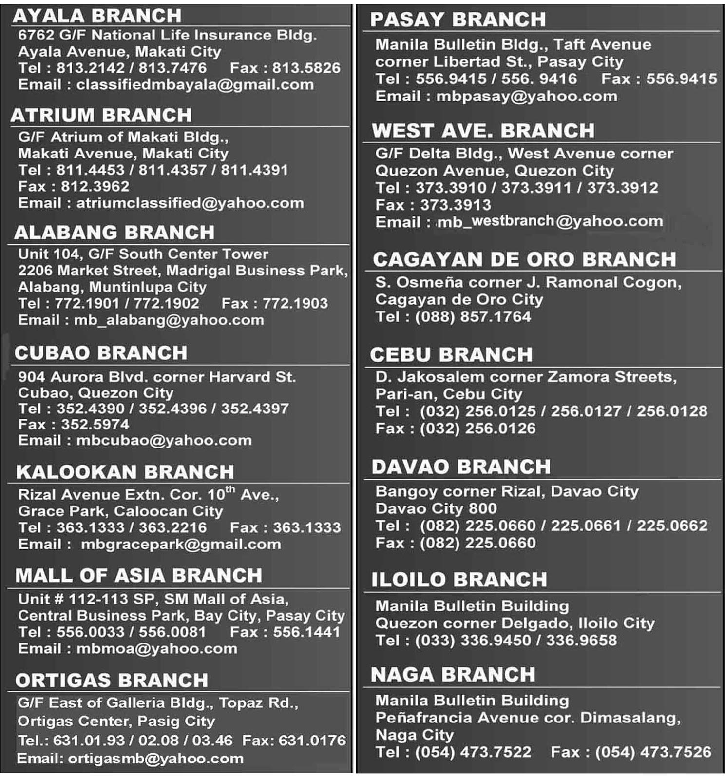 MANILA BULLETIN Head Office Classified Ads Department