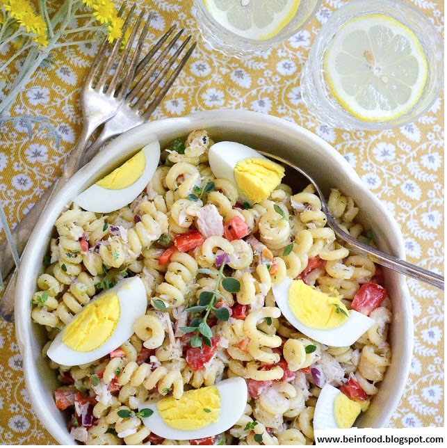 Pasta salad tuna, eggs, pepper and tomatoes food chefamina