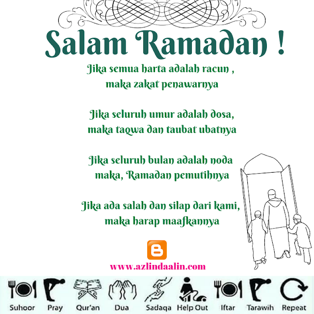 Salam 1 Ramadan 1440H - Alhamdulillah berjumpa lagi di bulan Ramadhan tahun ini. Setiap tahun, Ramadhanlah yang paling di rindui.Bulan Raamdhan, bukan sahaja bulan untuk menahan lapar dan dahaga. Malah, bulan ini mummy sukainya kerana bulan silaturrahim. Duduk makan dinner (buka puasa) bersama ahli keluarga, boleh buka puasa bersama kawan-kawan, rakan sekerja dan juga boleh merasai buffet Ramadan di luar sana. Salam 1 Ramadan 1440H Kalau bulan lain, jenuh juga kan nak arrange masa bersama dengan ahli keluarga, rakan sekejra, kawan-kawan. Sebelum terlewat (rasa lewat dah nak bagi ucapan dalam blog), mummy nak ucapkan selamat berpuasa kepasa semua ! Lama blog ni bersawang, mood mummy mana ntah tinggal. Sibuk kerja pun, iya jugak ! Blog walking pun tak sempat, insyaallah mummy akan terjah blog korang ye ! UCAPAN RAMADAN Dalam pada tu...mummy seronok juga baca ucapan Ramadan yang di hantar oleh keluarga, sahabat samada di Whatsapp mahupun di media sosial. Jom tengok apa whatsapp ucapan Ramadan yang mummy ada terima ! Ucapan Ramadan 1 :- 1 Hari Lagi Dah Nak Puasa ni... saya๐ mungkin๐ณ banyak๐ฃ salah๐ pada๐ Anda๐ฑ sengaja๐ atau๐ฒ tidak๐
jadi๐ sebelum☝๐ป masuk๐ถ ramadhan๐ saya๐ mohon maaf☺ lahir๐ batin๐ kepada๐ semua๐ setulus✌๐ป hati ku๐๐ป ,,,,,๐บ,,,,kembang melati sungguh lah indah,,,,,,,, ๐น,,,,di tengah taman jadi hiasan,,,๐บ,, ,,,harum RAMADHAN tercium sudah,,,,,๐คฒ๐ป,,,, ,,,,,,,kalau ada KHILAF mohon di maaf kan,,,๐คฒ๐ป ,,,,,,๐ท,,, makan roti jangan berlari,,,,,,๐บ,,,,, Bersih kan HATI SUCI KAN DIRI,,,,,,๐บ,,,,,, ,,,,bunga teratai terikat rapi,,,,,,,,๐น,,,,,,,, Lama di pandang indah sekali,,,,,,,๐ท,,,,,,, ,,,,biar pun RAMADHAN sebentar lagi,,,,,,,,, ๐บ,,,,mudah"an saya jadi orang pertama yg menngucapkn,,,,,,,,,๐คฒ๐ป,,,, SELAMAT MENJALANKAN IBADAH RAMADHAN๐๐๐ ✅ Dosa Jangan di ➕ ✅ Amal Jangan di ➖ ✅ Cinta Jangan di ➗ ✅ Hidup hanya 1 ❌ ๐ณ Gugur Bunga karena layu ๐ณ Gugur Iman karena Nafsu ๐ณ Gugur Cinta karena Cemburu ๐ณ Tertawa karena Bahagia ๐ณ Menangis karena Derita ๐ณ Bertaubat karena Dosa ๐ณ Beribadah karena Takwa ๐ณ Hidup tanpa Cinta pasti Hampa ๐ณ Hidup gila Harta pasti Celaka ๐ณ Hidup penuh Dosa akan ke Neraka ๐ณ Hidup Bersyukur dengan apa adanya ๐ณ Insha Allah akan Bahagia ๐๐ ๐๐๐๐๐๐ UCAPAN RAMADAN 2 :- 01 HARI SEBELUM RAMADHAN... Di kesempatan ni saya ingin memohon maaf lahir batin dari lubuk hati saya yang serba kekurangan๐ Maaf sekiranya pernah menyakiti, Maaf sekiranya pernah mengumpat, Maaf sekiranya pernah mengata, Maaf sekiranya pernah menghina, Maaf sekiranya pernah terkasar bahasa, Maaf sekiranya pernah menyinggung perasaan, Maaf sekiranya pernah buat semua terasa hati, Baik disengaja mahupun tidak disengajakan Baik yang terang-terangan mahupun yang disembunyikan. Sesungguhnya yang buruk datang dari diri ini sendiri, dan yang baik itu sentiasa datangnya dari Allah SWT UCAPAN RAMADAN 3:- Ucapan ini best, siap ada dialek Negeri Sembilan. Dari siapakan ini? Tak lain dan tak bukan, blogger Negeri Sembilan kita www.suriaamanda.com Salam RAMADHAN AL MUBARAK 1440H.... Mee ghobuih mee hailam Buah manggo buah mompolam Ado katil ado tilam Ado pigi ado kolam Ado dengkek ado dalam Ado jahit ado sulam Ado timbul ado tonggolam Ado pense ado kalam Kapa toghobang kapa solam Kunyah sotong kunyah kotam Main bola jatuh tosungkam Tangan patah mato lobam Kono maghah baik diam Jawab soalan jawab salam Assalamualaikum Waalaikumsalam Jangan maghah jangan gogham Sajo yo nak ucap Ahlan wa sahlan ya RAMADHAN Satu arghi laie dah nak.mulo poso Mintak ampun sogalo doso Kot2 ado tokasa bahaso Mau pun yang tersembunyi Atau pun dopan mato ๐ค๐ค๐๐๐ SALAM RAMADHAN ALMUBARA' DARI KAMI SEKELUARGO ๐ UCAPAN RAMADAN 4 :- Ucapan ini pun dari blogger juga, iaitu dari Ana www.anasuhana.com Assalamualaikum. Ramadan Al-Mubarak buat semua. Tingkatkan Ibadah, Lebihkan bersedekah, Jauhkan berbalah, Dan hindari berfitnah. Semoga Ramadan kali ni lebih baik dari tahun-tahun yang lepas. Sama-sama lah perbaiki amalan2 kita. Rebut ganjaran dan peluang yang Allah berikan. Ampun dan maaf juga atas segala kesilapan dan kesalahan baik dari segi penulisan, percakapan dan perbuatan. Semoga amalan kecik kita di terima Allah hendaknya. Amin. UCAPAN RAMADAN 5 :- MARHABAN YA RAMADAN Ramadan is coming.. Syaitan is crying.. Malaikat is waiting.. Syurga is opening.. Neraka is closing.. R ๐ Remember A ๐ Allah M๐ Morning A ๐ Afternoon D ๐ Day A ๐ And N ๐ Night Bau-bau wangian Ramadan sudah semakin hampir. Entah sempat atau tidak agaknya kita. Ya Allah, temukan kami dengan bulan Ramadan. Semoga Ramadan tahun ini bukan Ramadan yang terakhir untuk kita. Aamiin... UCAPAN RAMADAN 6 :- Doa Jibrail menjelang ramadhan:- "Ya Allah, abaikan puasa umat Muhammad jika sebelum masuk ramadhan dia tidak melakukan 3 hal ini: 1.Tidak minta maaf kepada kedua orang tua. 2.Tidak bermaafan dengan sahabat sahabatnya. 3.Tidak bermaafan dengan orang sekitarnya." maka, Rasullullah pun mengaminkannya sebanyak 3kali. ๐ค๐ค๐ค๐ค๐ค Dengan ini, saya ingin memohon maaf jika ada salah dan silap yang telah dilakukan sebelum ini. Minta maaf kalau ada terkasar bahasa, menyinggung atau mengguris hati, terlebih gurauan watsapp, termkn terminum & terumpat.... Mohon ampun dan maaf sekali lagi dari saya.. ๐๐๐๐ฅฐ๐๐๐ผ ***************************************************** Okeylah cukuplah 7 ucapan Ramadan mummy tepek sini. Kang bubuh bebanyak tak lalu korang baca kang hehe Kenapa 7 ucapan ? Nampak macam 6 je ucapan Ramadan ! Ha..1 lagi tu kan dari mummy atas sekali tu hehehehe Salam 1 Ramadan 1440H - Alhamdulillah berjumpa lagi di bulan Ramadhan tahun ini. Setiap tahun, Ramadhanlah yang paling di rindui.Bulan Raamdhan, bukan sahaja bulan untuk menahan lapar dan dahaga. Malah, bulan ini mummy sukainya kerana bulan silaturrahim. Duduk makan dinner (buka puasa) bersama ahli keluarga, boleh buka puasa bersama kawan-kawan, rakan sekerja dan juga boleh merasai buffet Ramadan di luar sana. Salam 1 Ramadan 1440H Kalau bulan lain, jenuh juga kan nak arrange masa bersama dengan ahli keluarga, rakan sekejra, kawan-kawan. Sebelum terlewat (rasa lewat dah nak bagi ucapan dalam blog), mummy nak ucapkan selamat berpuasa kepasa semua ! Lama blog ni bersawang, mood mummy mana ntah tinggal. Sibuk kerja pun, iya jugak ! Blog walking pun tak sempat, insyaallah mummy akan terjah blog korang ye ! UCAPAN RAMADAN Dalam pada tu...mummy seronok juga baca ucapan Ramadan yang di hantar oleh keluarga, sahabat samada di Whatsapp mahupun di media sosial. Jom tengok apa whatsapp ucapan Ramadan yang mummy ada terima ! Ucapan Ramadan 1 :- 1 Hari Lagi Dah Nak Puasa ni... saya๐ mungkin๐ณ banyak๐ฃ salah๐ pada๐ Anda๐ฑ sengaja๐ atau๐ฒ tidak๐
jadi๐ sebelum☝๐ป masuk๐ถ ramadhan๐ saya๐ mohon maaf☺ lahir๐ batin๐ kepada๐ semua๐ setulus✌๐ป hati ku๐๐ป ,,,,,๐บ,,,,kembang melati sungguh lah indah,,,,,,,, ๐น,,,,di tengah taman jadi hiasan,,,๐บ,, ,,,harum RAMADHAN tercium sudah,,,,,๐คฒ๐ป,,,, ,,,,,,,kalau ada KHILAF mohon di maaf kan,,,๐คฒ๐ป ,,,,,,๐ท,,, makan roti jangan berlari,,,,,,๐บ,,,,, Bersih kan HATI SUCI KAN DIRI,,,,,,๐บ,,,,,, ,,,,bunga teratai terikat rapi,,,,,,,,๐น,,,,,,,, Lama di pandang indah sekali,,,,,,,๐ท,,,,,,, ,,,,biar pun RAMADHAN sebentar lagi,,,,,,,,, ๐บ,,,,mudah"an saya jadi orang pertama yg menngucapkn,,,,,,,,,๐คฒ๐ป,,,, SELAMAT MENJALANKAN IBADAH RAMADHAN๐๐๐ ✅ Dosa Jangan di ➕ ✅ Amal Jangan di ➖ ✅ Cinta Jangan di ➗ ✅ Hidup hanya 1 ❌ ๐ณ Gugur Bunga karena layu ๐ณ Gugur Iman karena Nafsu ๐ณ Gugur Cinta karena Cemburu ๐ณ Tertawa karena Bahagia ๐ณ Menangis karena Derita ๐ณ Bertaubat karena Dosa ๐ณ Beribadah karena Takwa ๐ณ Hidup tanpa Cinta pasti Hampa ๐ณ Hidup gila Harta pasti Celaka ๐ณ Hidup penuh Dosa akan ke Neraka ๐ณ Hidup Bersyukur dengan apa adanya ๐ณ Insha Allah akan Bahagia ๐๐ ๐๐๐๐๐๐ UCAPAN RAMADAN 2 :- 01 HARI SEBELUM RAMADHAN... Di kesempatan ni saya ingin memohon maaf lahir batin dari lubuk hati saya yang serba kekurangan๐ Maaf sekiranya pernah menyakiti, Maaf sekiranya pernah mengumpat, Maaf sekiranya pernah mengata, Maaf sekiranya pernah menghina, Maaf sekiranya pernah terkasar bahasa, Maaf sekiranya pernah menyinggung perasaan, Maaf sekiranya pernah buat semua terasa hati, Baik disengaja mahupun tidak disengajakan Baik yang terang-terangan mahupun yang disembunyikan. Sesungguhnya yang buruk datang dari diri ini sendiri, dan yang baik itu sentiasa datangnya dari Allah SWT UCAPAN RAMADAN 3:- Ucapan ini best, siap ada dialek Negeri Sembilan. Dari siapakan ini? Tak lain dan tak bukan, blogger Negeri Sembilan kita www.suriaamanda.com Salam RAMADHAN AL MUBARAK 1440H.... Mee ghobuih mee hailam Buah manggo buah mompolam Ado katil ado tilam Ado pigi ado kolam Ado dengkek ado dalam Ado jahit ado sulam Ado timbul ado tonggolam Ado pense ado kalam Kapa toghobang kapa solam Kunyah sotong kunyah kotam Main bola jatuh tosungkam Tangan patah mato lobam Kono maghah baik diam Jawab soalan jawab salam Assalamualaikum Waalaikumsalam Jangan maghah jangan gogham Sajo yo nak ucap Ahlan wa sahlan ya RAMADHAN Satu arghi laie dah nak.mulo poso Mintak ampun sogalo doso Kot2 ado tokasa bahaso Mau pun yang tersembunyi Atau pun dopan mato ๐ค๐ค๐๐๐ SALAM RAMADHAN ALMUBARA' DARI KAMI SEKELUARGO ๐ UCAPAN RAMADAN 4 :- Ucapan ini pun dari blogger juga, iaitu dari Ana www.anasuhana.com Assalamualaikum. Ramadan Al-Mubarak buat semua. Tingkatkan Ibadah, Lebihkan bersedekah, Jauhkan berbalah, Dan hindari berfitnah. Semoga Ramadan kali ni lebih baik dari tahun-tahun yang lepas. Sama-sama lah perbaiki amalan2 kita. Rebut ganjaran dan peluang yang Allah berikan. Ampun dan maaf juga atas segala kesilapan dan kesalahan baik dari segi penulisan, percakapan dan perbuatan. Semoga amalan kecik kita di terima Allah hendaknya. Amin. UCAPAN RAMADAN 5 :- MARHABAN YA RAMADAN Ramadan is coming.. Syaitan is crying.. Malaikat is waiting.. Syurga is opening.. Neraka is closing.. R ๐ Remember A ๐ Allah M๐ Morning A ๐ Afternoon D ๐ Day A ๐ And N ๐ Night Bau-bau wangian Ramadan sudah semakin hampir. Entah sempat atau tidak agaknya kita. Ya Allah, temukan kami dengan bulan Ramadan. Semoga Ramadan tahun ini bukan Ramadan yang terakhir untuk kita. Aamiin... UCAPAN RAMADAN 6 :- Doa Jibrail menjelang ramadhan:- "Ya Allah, abaikan puasa umat Muhammad jika sebelum masuk ramadhan dia tidak melakukan 3 hal ini: 1.Tidak minta maaf kepada kedua orang tua. 2.Tidak bermaafan dengan sahabat sahabatnya. 3.Tidak bermaafan dengan orang sekitarnya." maka, Rasullullah pun mengaminkannya sebanyak 3kali. ๐ค๐ค๐ค๐ค๐ค Dengan ini, saya ingin memohon maaf jika ada salah dan silap yang telah dilakukan sebelum ini. Minta maaf kalau ada terkasar bahasa, menyinggung atau mengguris hati, terlebih gurauan watsapp, termkn terminum & terumpat.... Mohon ampun dan maaf sekali lagi dari saya.. ๐๐๐๐ฅฐ๐๐๐ผ ***************************************************** Okeylah cukuplah 7 ucapan Ramadan mummy tepek sini. Kang bubuh bebanyak tak lalu korang baca kang hehe Kenapa 7 ucapan ? Nampak macam 6 je ucapan Ramadan ! Ha..1 lagi tu kan dari mummy atas sekali tu hehehehe