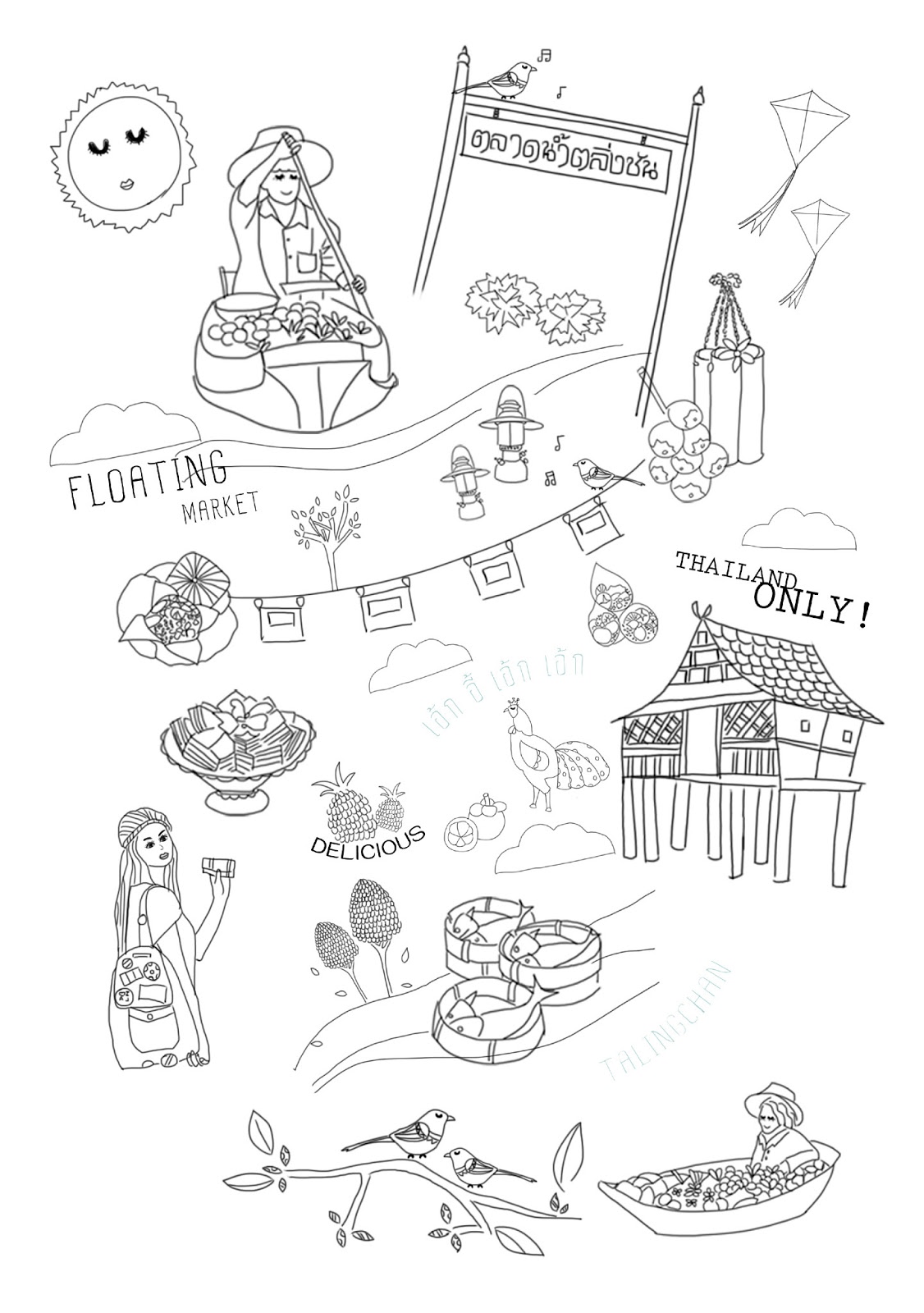 BANGKOK TRAVEL ILLUSTRATE BOOK PROJECT. SKETCH OF TALINGCHAN FLOATING