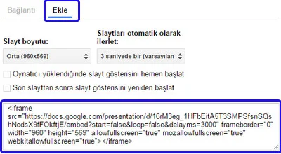 Google drive iframe formatında embed kodunu alacağımız alan
