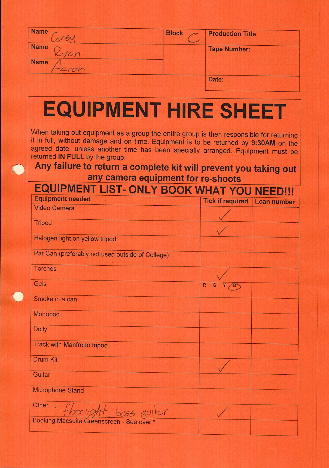 Advanced Portfolio Equipment Hire List