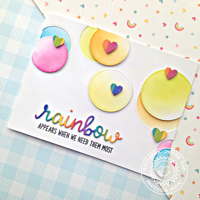 Sunny Studio Stamps: Staggered Circle Dies Rainbow Word Die Over The Rainbow Card by Franci Vignoli