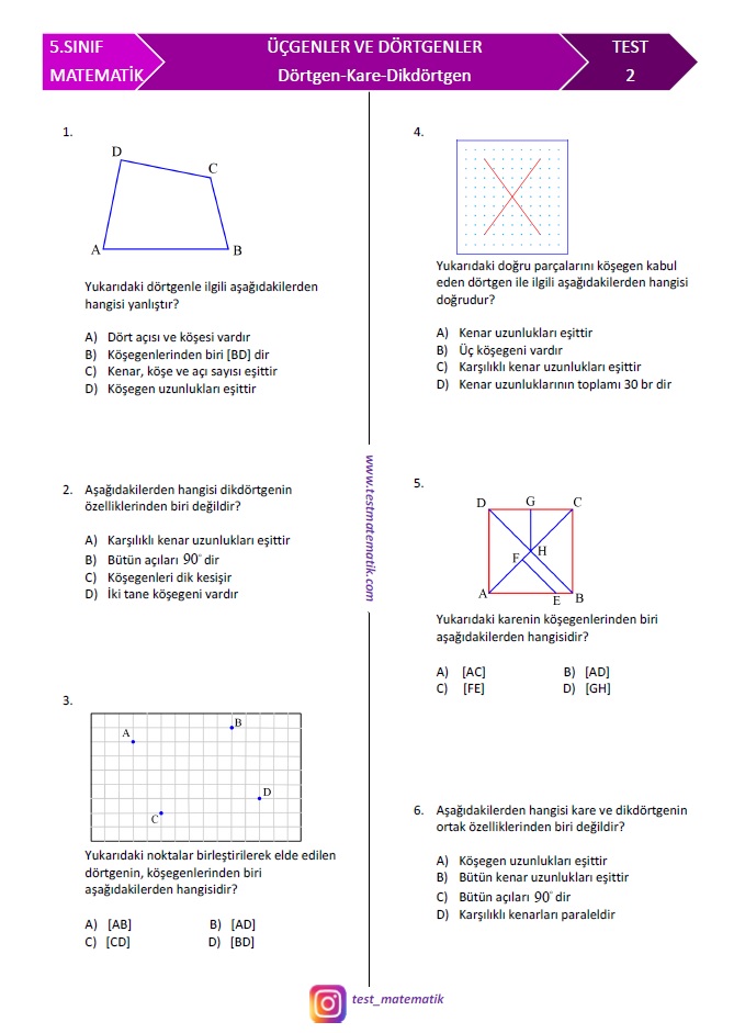 5 Sinif Ucgenler Ve Dortgenler Test 2 Test Matematik
