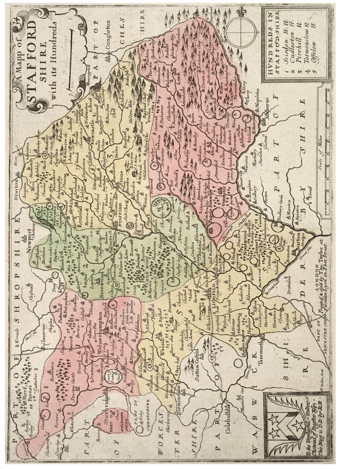 Eighteenth Century Birmingham Map of the Hundreds of Staffordshire, c