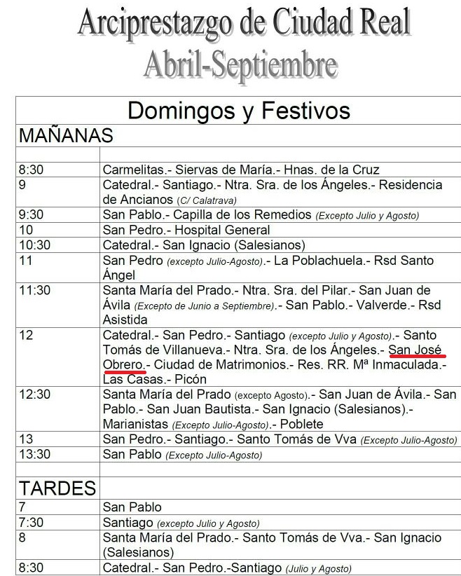 Parroquia San José Obrero Horario de misas en Ciudad Real