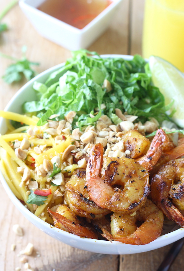 Grilled Satay Shrimp Rice Noodle Salad recipe by SeasonWithSpice.com