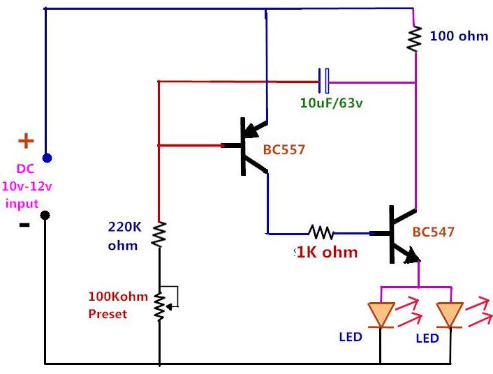 blinking LED Lights using two transistors & one capacitor