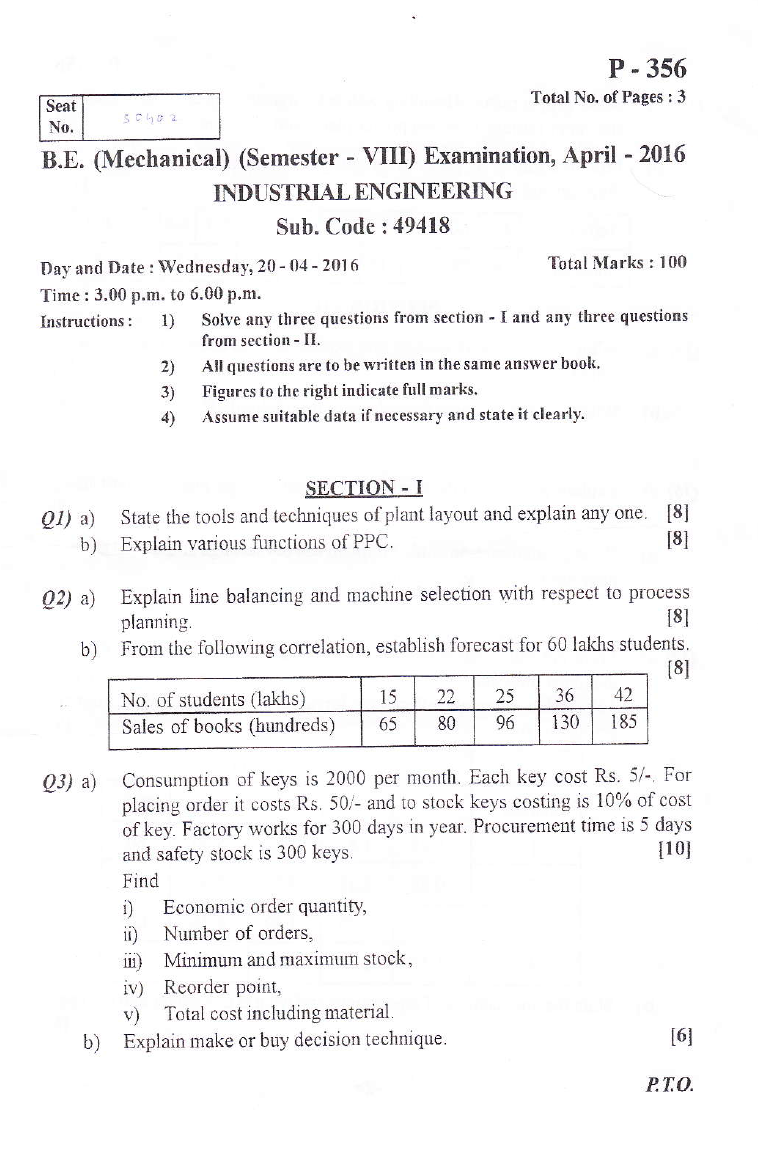 SU B.E Mechanical Industrial Engineering April 2016 Question Paper