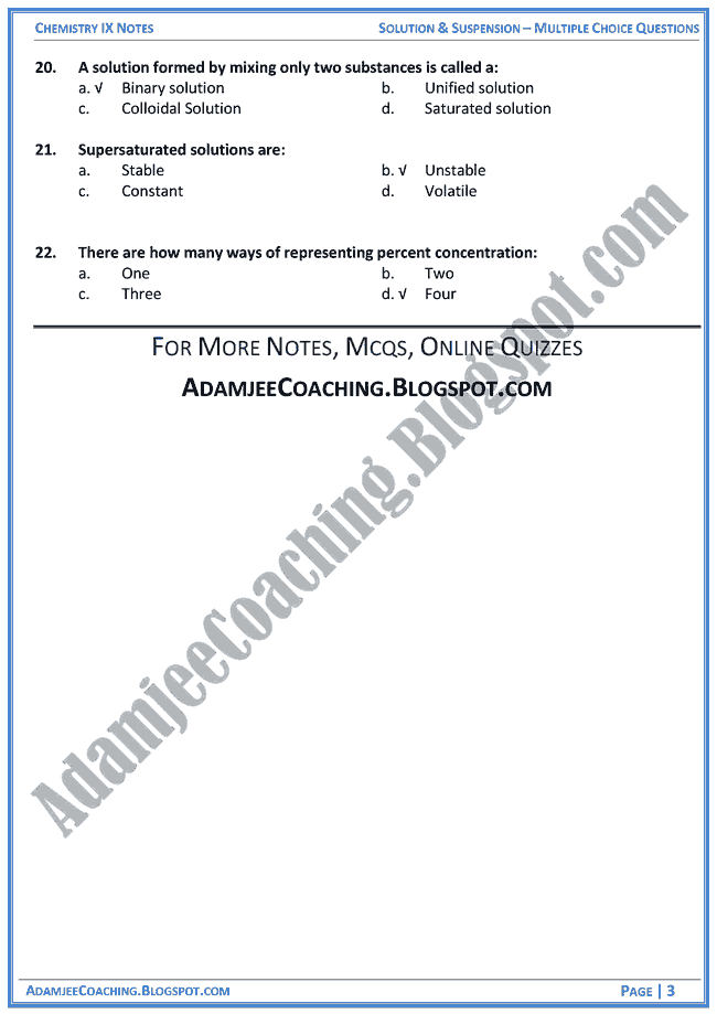 Adamjee Coaching Solution and Suspension MCQs Chemistry IX