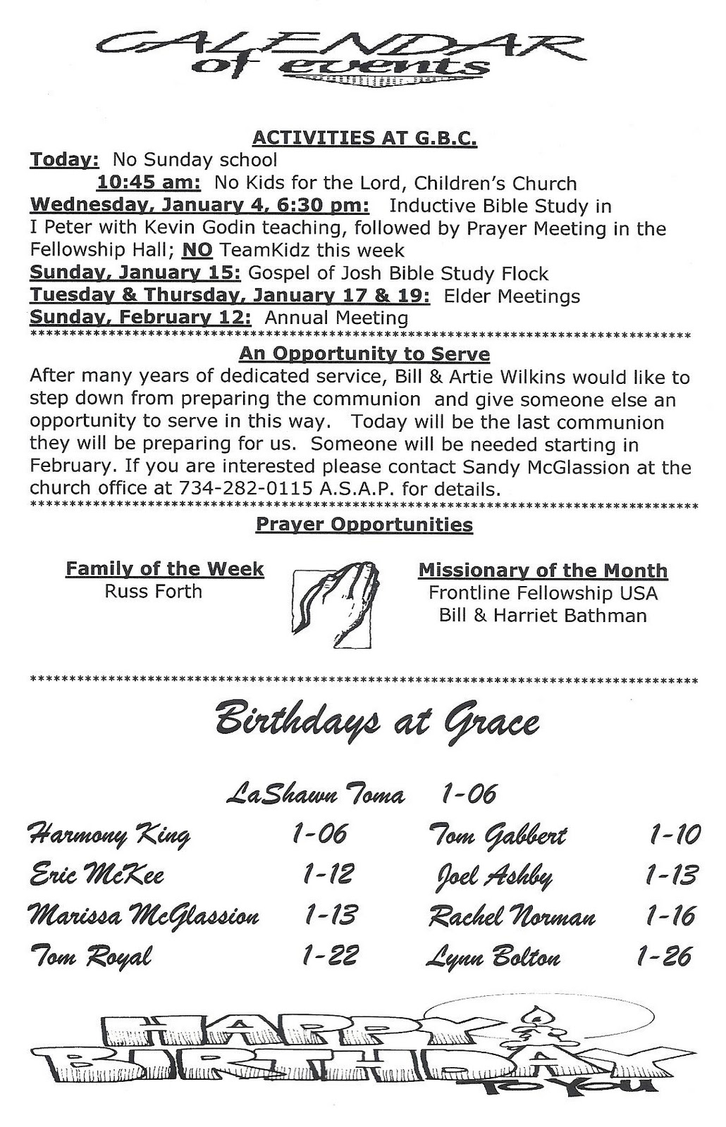 Grace Bible Church Bulletins, Sunday, Jan. 1, 2012