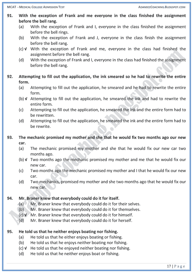 Adamjee Coaching MCAT English [Sentence Correction] Mcqs for Medical