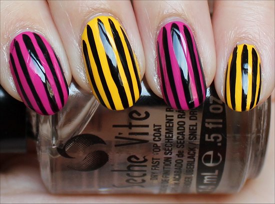 Pink and Yellow Nail Art with Black Stripes