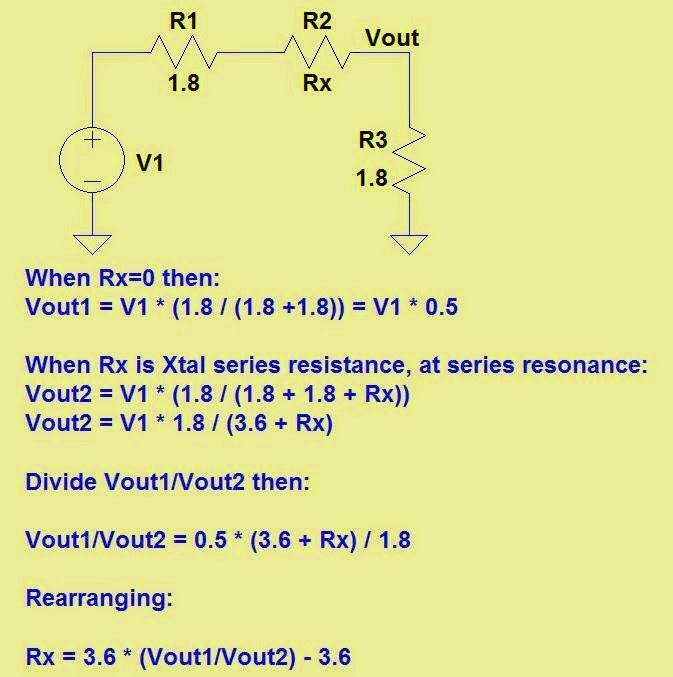 In order to calculate ESR and unloaded Q, we first calculate the ratio of voltages V1/V2 where V1/V2 = 10^((P1-P2)/20 .