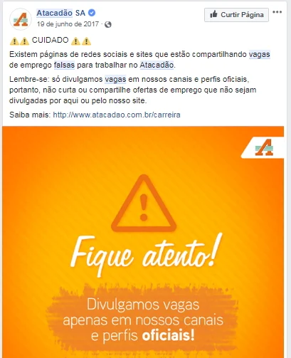 Imagem de um alerta de vagas falsas no Atacadão