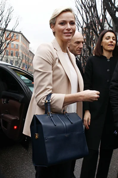 Princess Charlene and Armani Bag, Monaco Princess Charlene style and fashions Armani Bag in blue