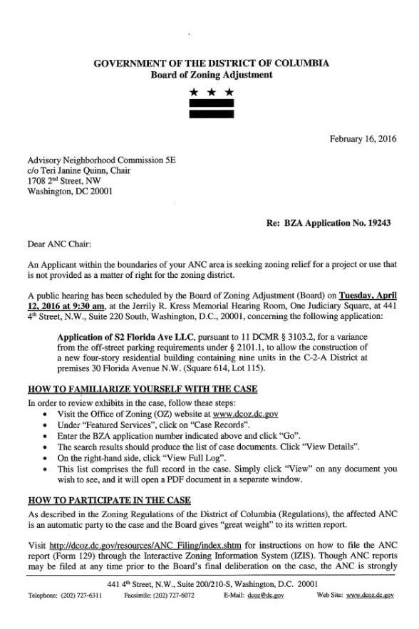 bloomingdale zoning variance hearing notice for 30 Florida Avenue NW for a variance from the