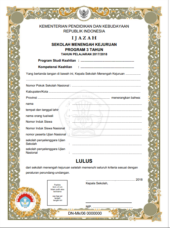 Contoh Blangko Ijazah Terbaru Tahun 2018