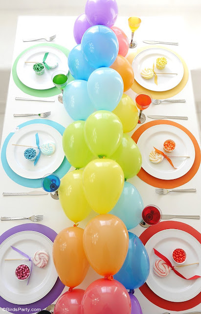 Rainbow Tablescape & DIY Balloon Garland - simple & fun ideas for styling a creative rainbow table with colorful balloon party decor as a table runner! | BirdsParty.com @birdsparty