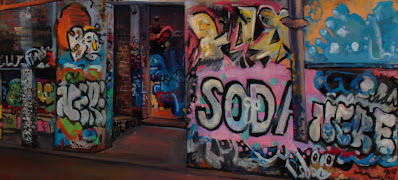 plein air painting of graffiti in the abandoned Dunlop-Slazenger factory by industrial heritage artist Jane Bennett
