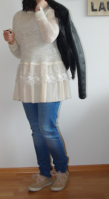 [Fashion] Romantic Crochet &  Lace Sweater Dress with Jeans and Leather Jacket