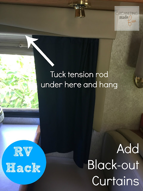 RV Hack -add black out curtains using a tension rod and inexpensive curtain panels ::OrganizingMadeFun.com