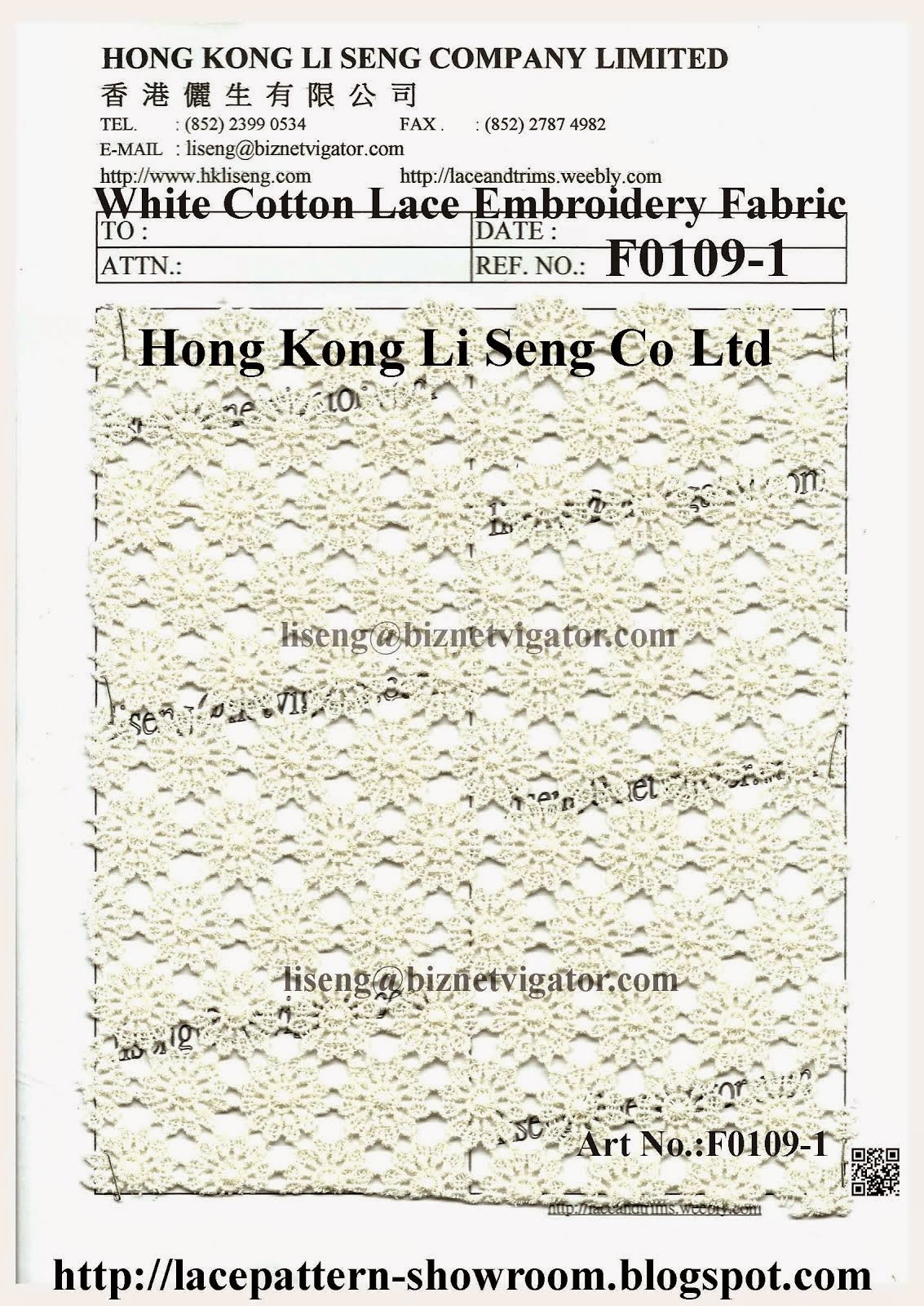 New White Cotton Lace Embroidery Fabric - Manufactory " Hong Kong Li Seng Co Ltd "