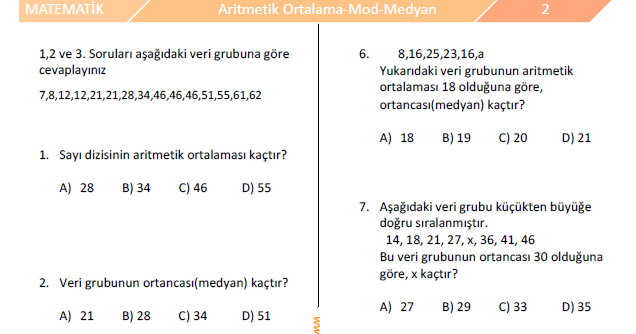 7 sinif veri analizi test 2 aritmetik oratalama mod medyan test matematik