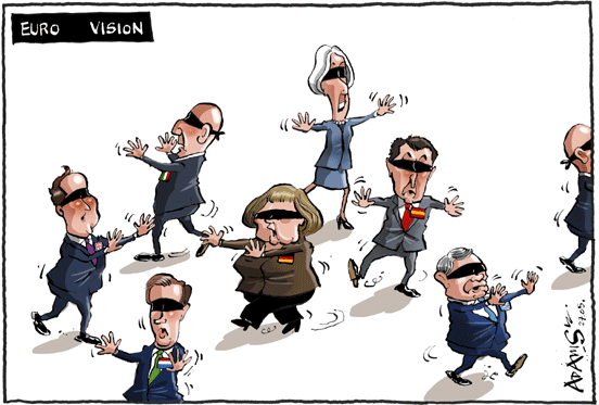 Euro Visão (jogando à cabra cega)= Christine Lagarde, Angela Merkel, David Cameron, líderes da Holanda, Espanha, Itália, Grécia...