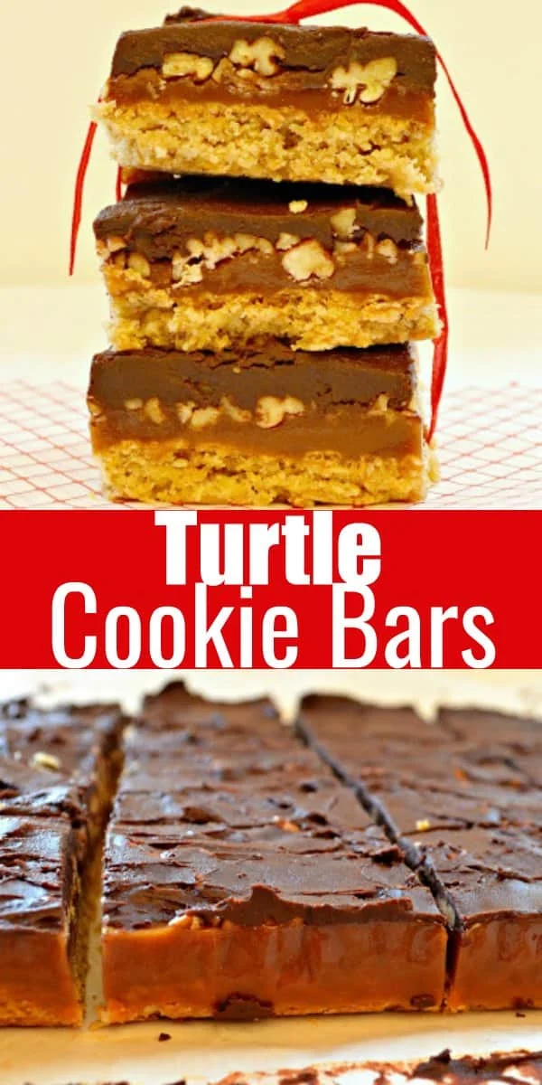 Turtle Cookie Bar recipe with a oatmeal cookie crust, caramel filling with pecans topped with chocolate. A favorite Christmas Cookie for the holidays from Serena Bakes Simply From Scratch.