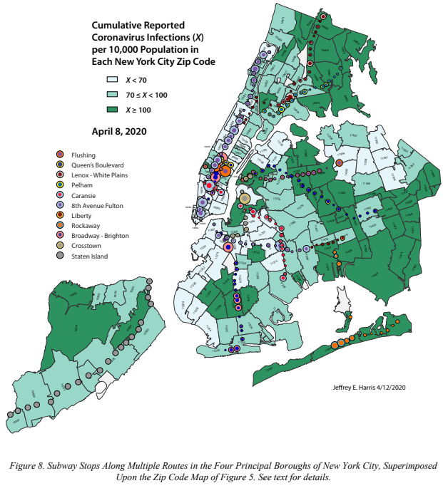 Harris, Figure 8: Incidence of coronavirus cases in New York City with overlay of subway system access points, 2020-04-08